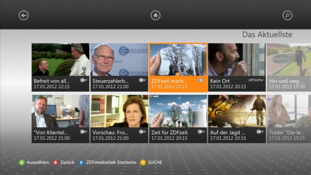 ZDF-Medithek auf der Xbox 360: Ansicht aktueller Videos (Screenshot: Golem.de)